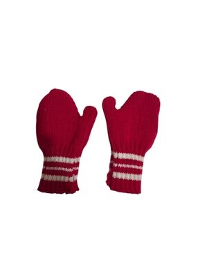 Vintage 1970s Child's Knitted Wool Red Mittens With White Stripes